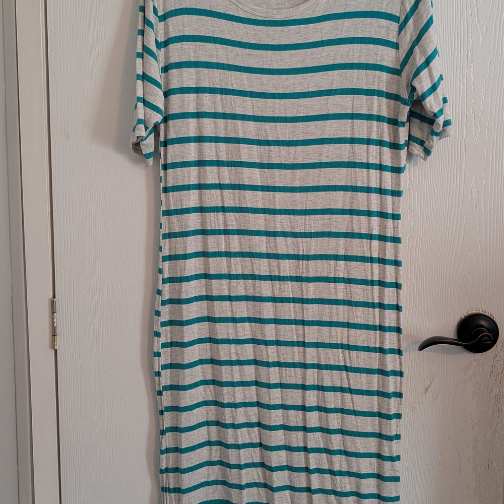 LuLaRoe Julia Teal and Gray Striped Dress